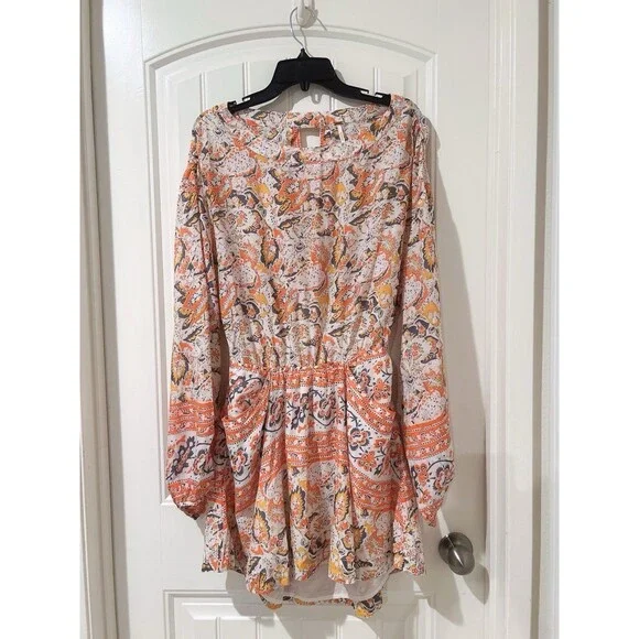 Free People Mini Pocket Dress Sun Ruffle Printed Long Sleeve Cut Out Back Button - Picture 4 of 12